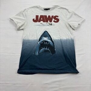 Jaws Movie Graphic T-Shirt Ombre Dip Dye Shark Poster Print Medium White Blue